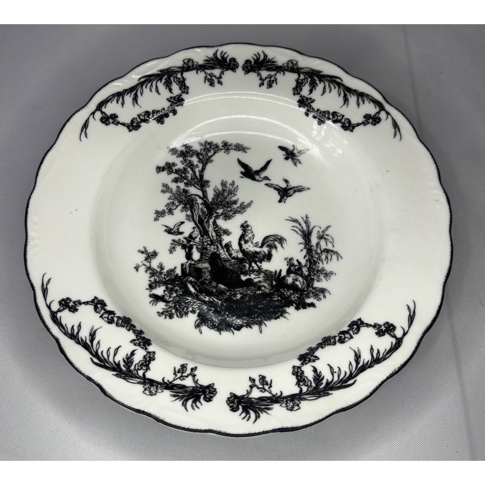 🐓Aux Au Provence French County Black & White Rooster Toile Soup Cereal Bowl 8"